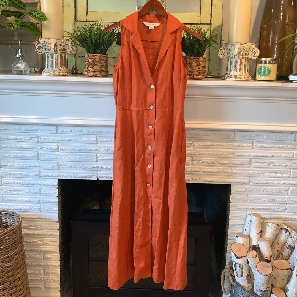 Casual Corner 100% Linen Vintage Rusty Orange Button Front Maxi Dress Size 4